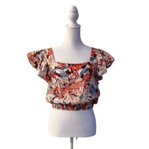 Luna Moon Abstract Print Ruffle Sleeve Crop Top Blouse Large